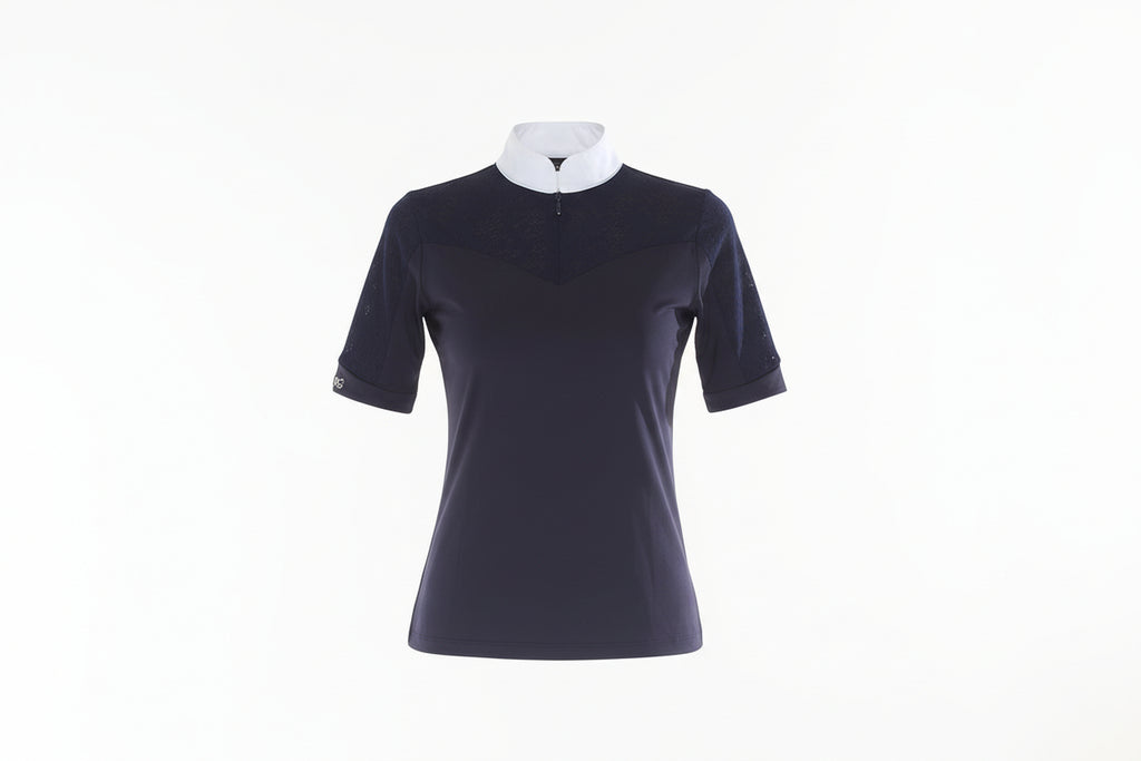 navy blue top with a white collar and white pants on a white background
