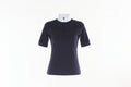 navy blue top with a white collar and white pants on a white background