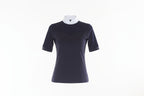 navy blue top with a white collar and white pants on a white background