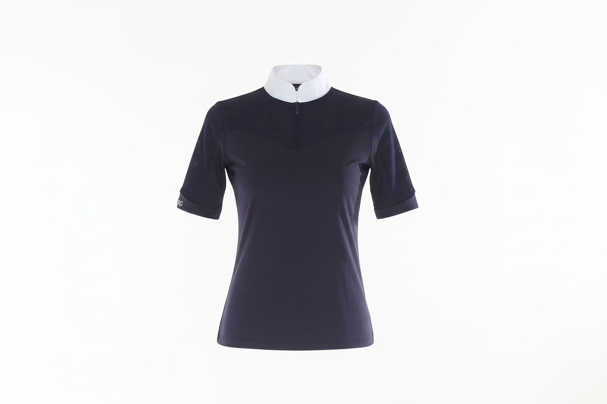 navy blue top with a white collar and white pants on a white background