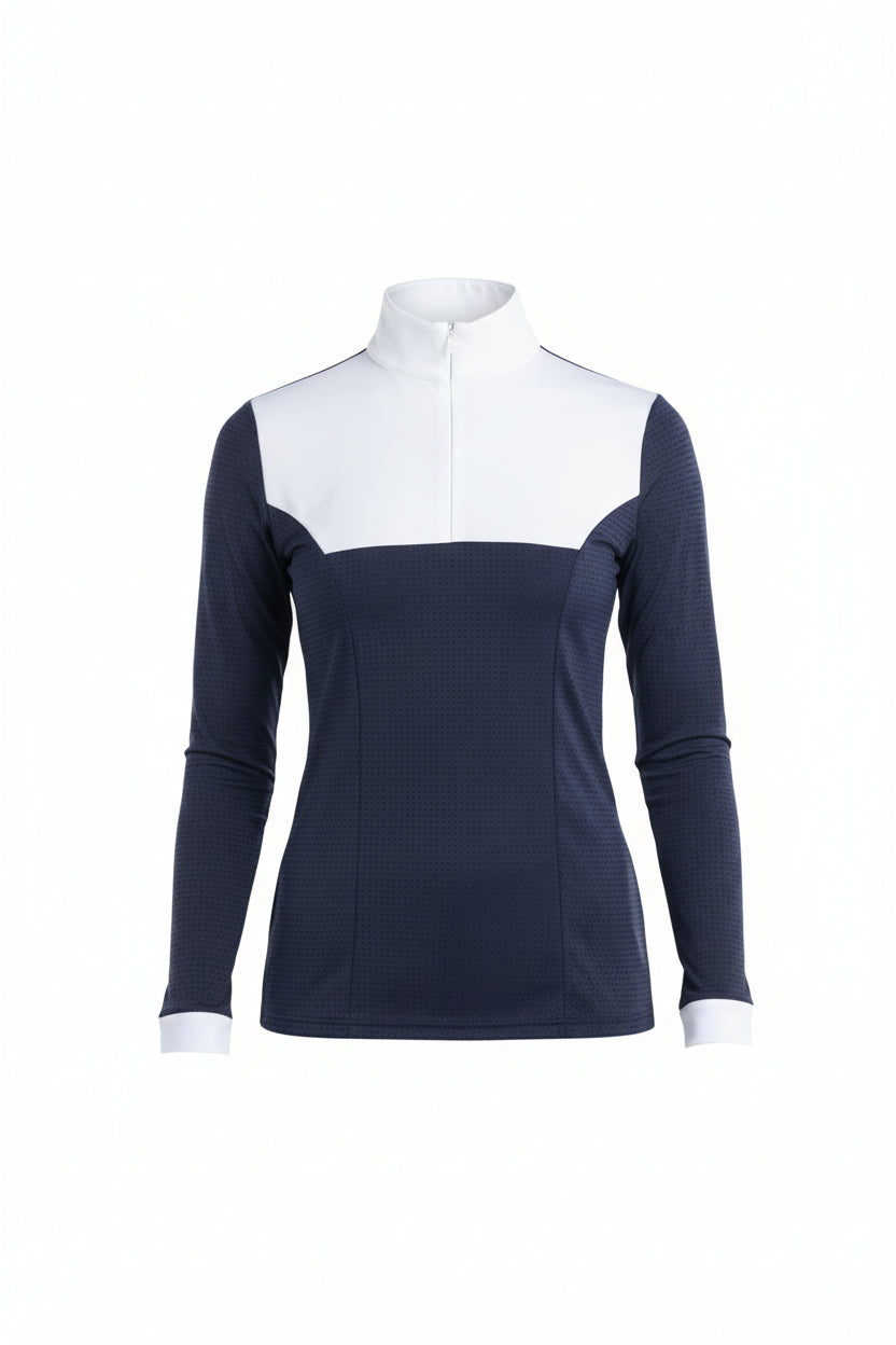  navy and white equestrian top on a white background