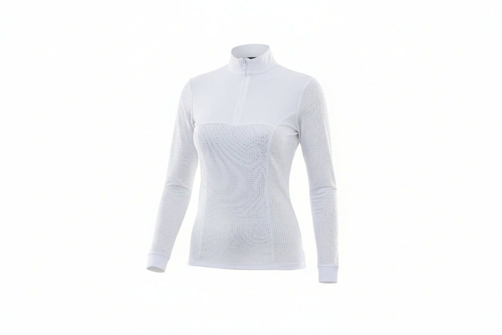 Woman wearing a top and beige pants on a white background