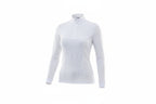 Woman wearing a top and beige pants on a white background