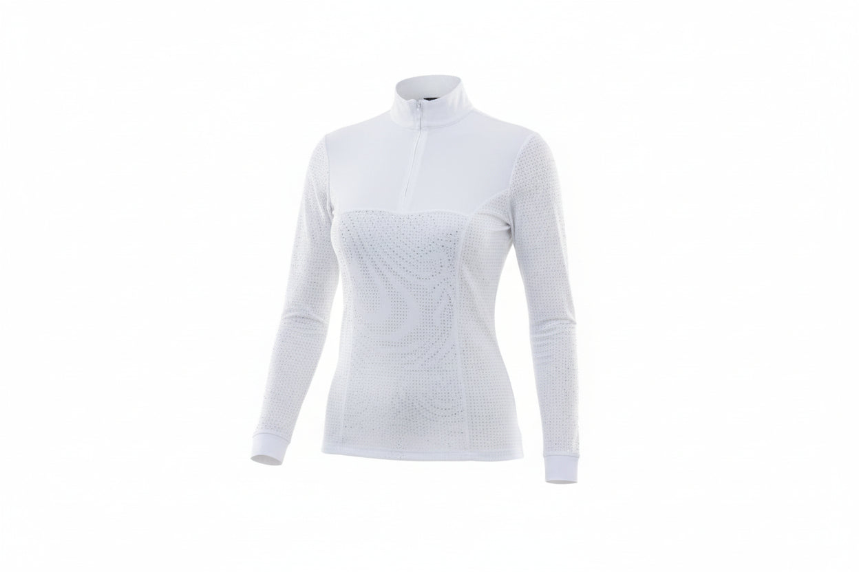 Woman wearing a top and beige pants on a white background