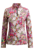 Woman wearing a colorful floral patterned shirt on a white background