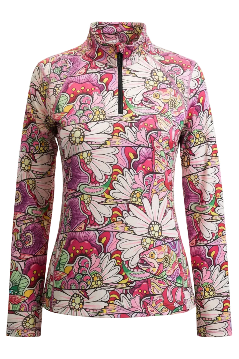 Woman wearing a colorful floral patterned shirt on a white background