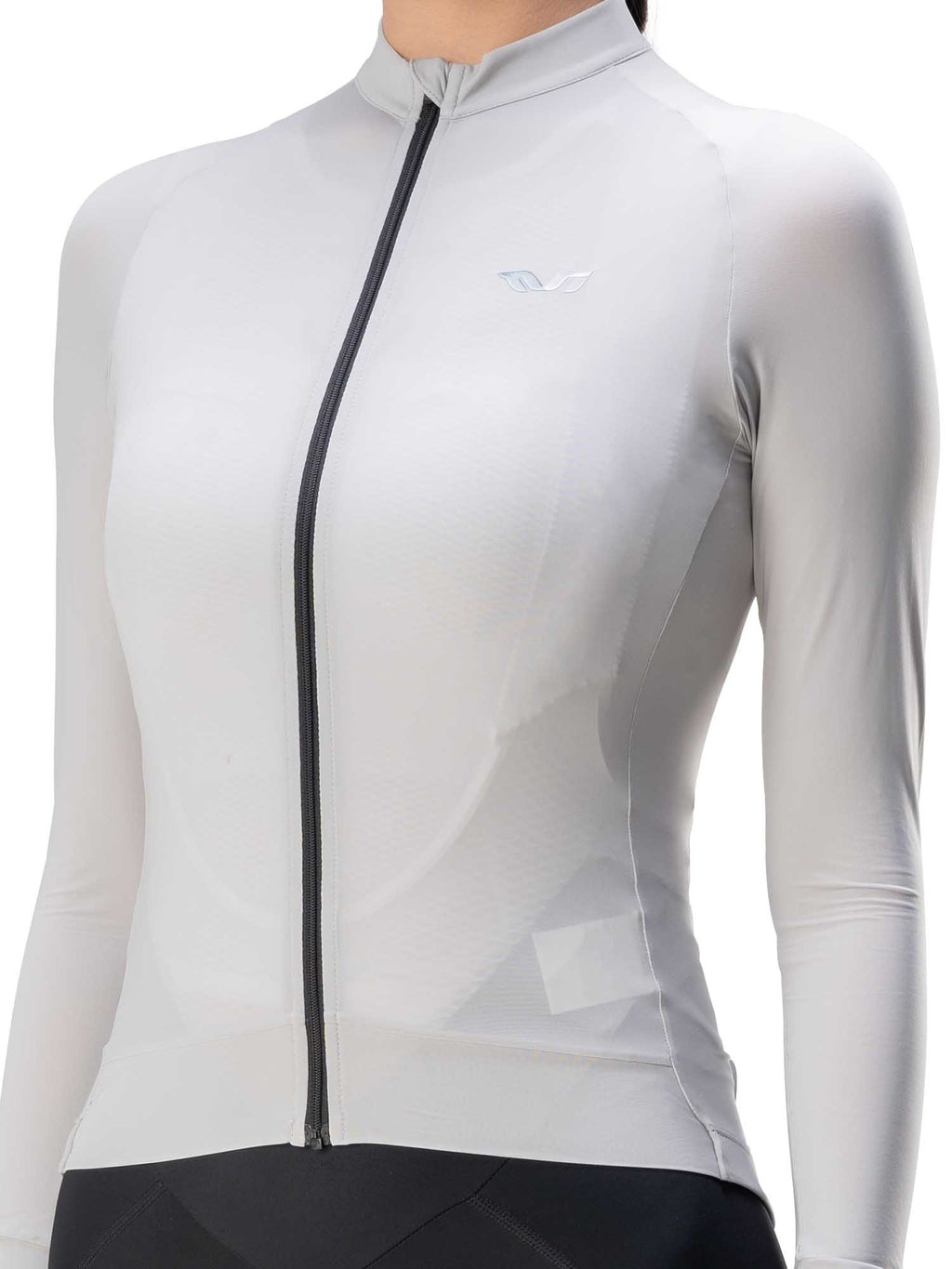 White cycling jersey with black zipper on a white background