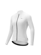 White cycling jersey with black accents on a white background