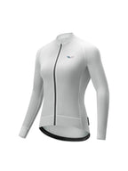 White cycling jersey with a brand logo on a white background