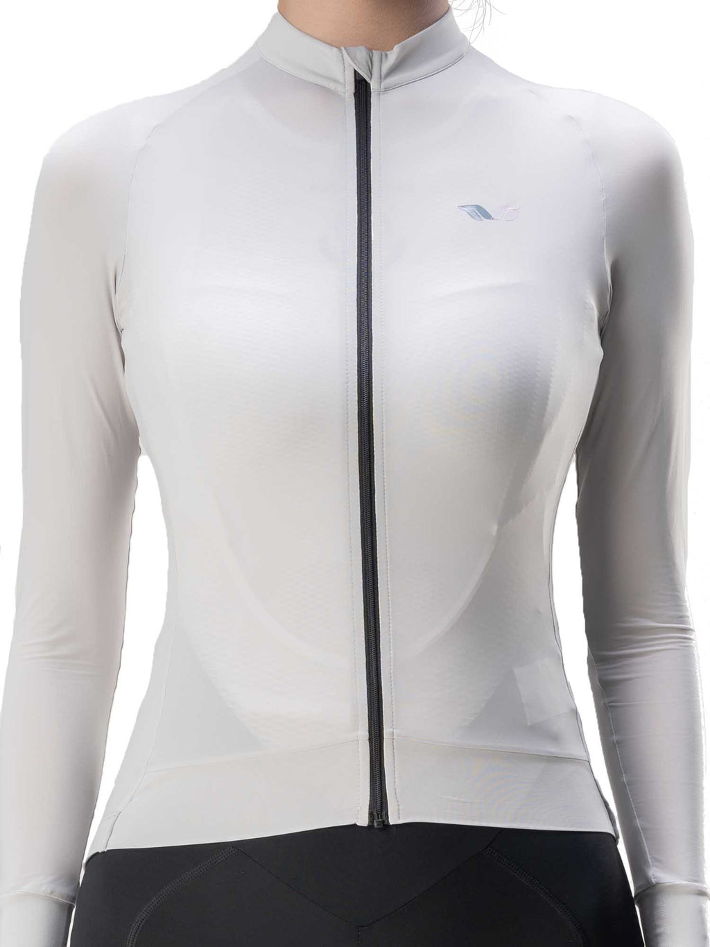 White cycling jersey with a brand logo on a white background