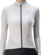 White cycling jersey with a brand logo on a white background