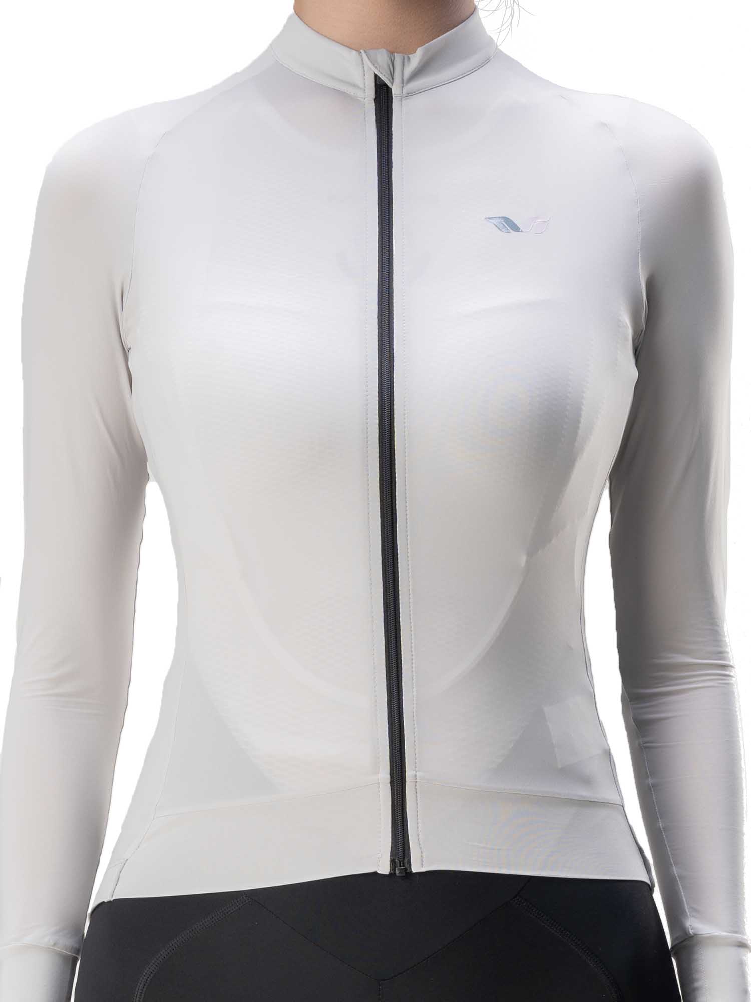 White cycling jersey with a brand logo on a white background