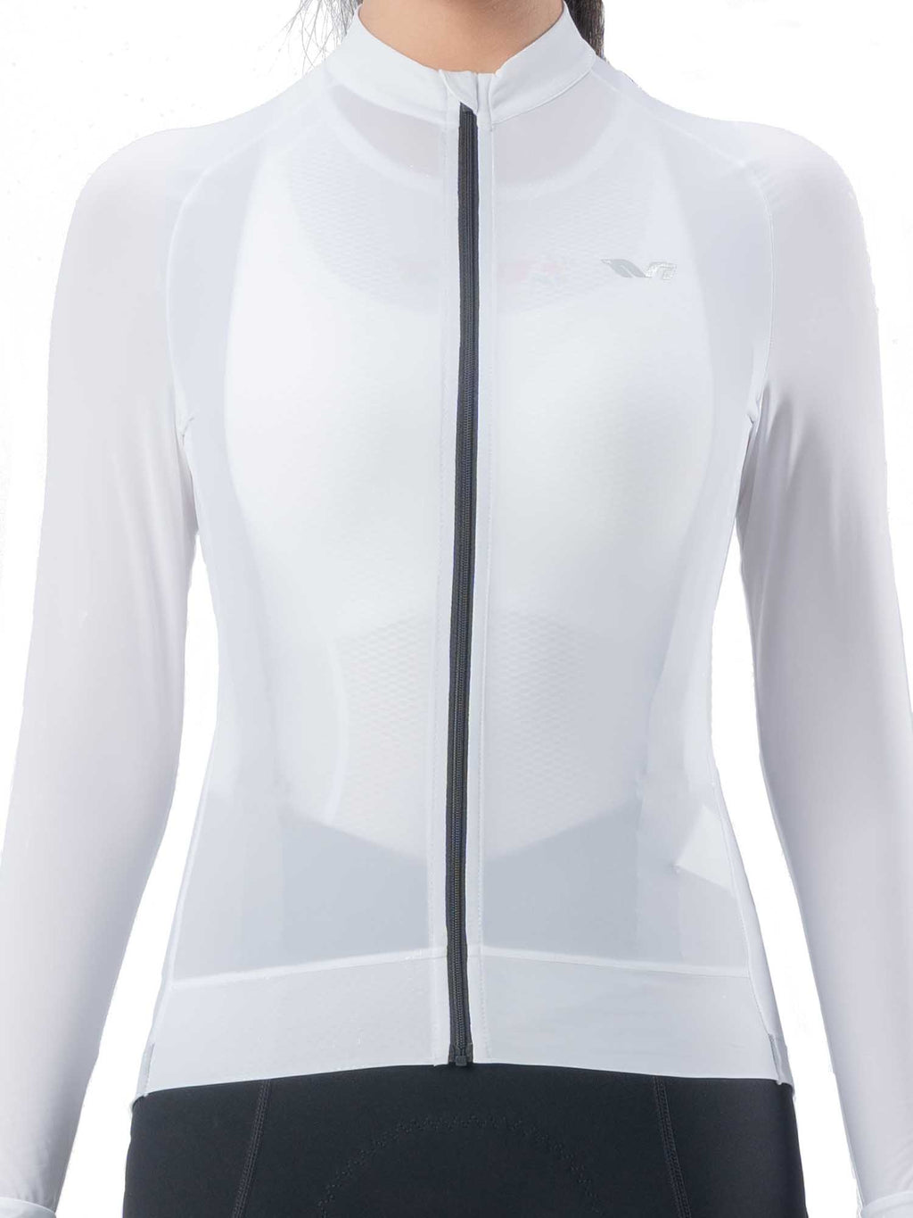 White cycling jacket with a black zipper on a white background