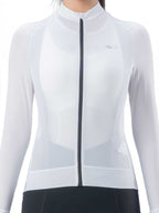 White cycling jacket with a black zipper on a white background