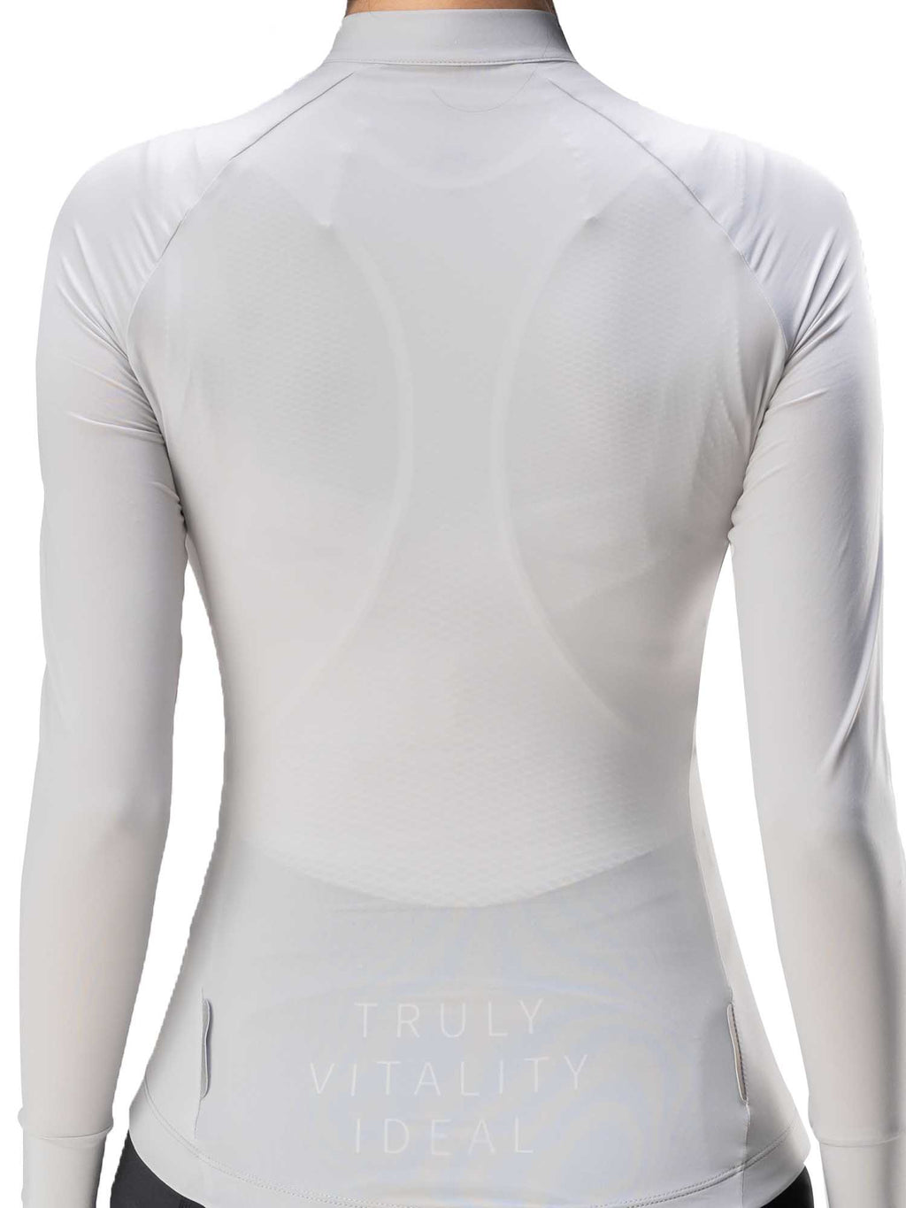 Light gray long-sleeve athletic top with a brand logo on the back, on a white background.