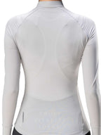 Light gray long-sleeve athletic top with a brand logo on the back, on a white background.
