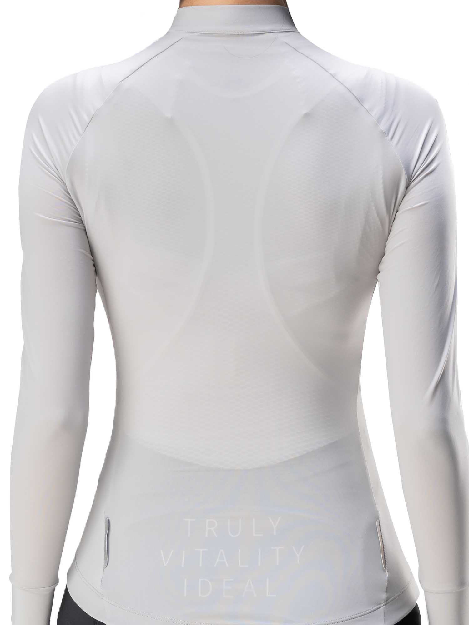 Light gray long-sleeve athletic top with a brand logo on the back, on a white background.