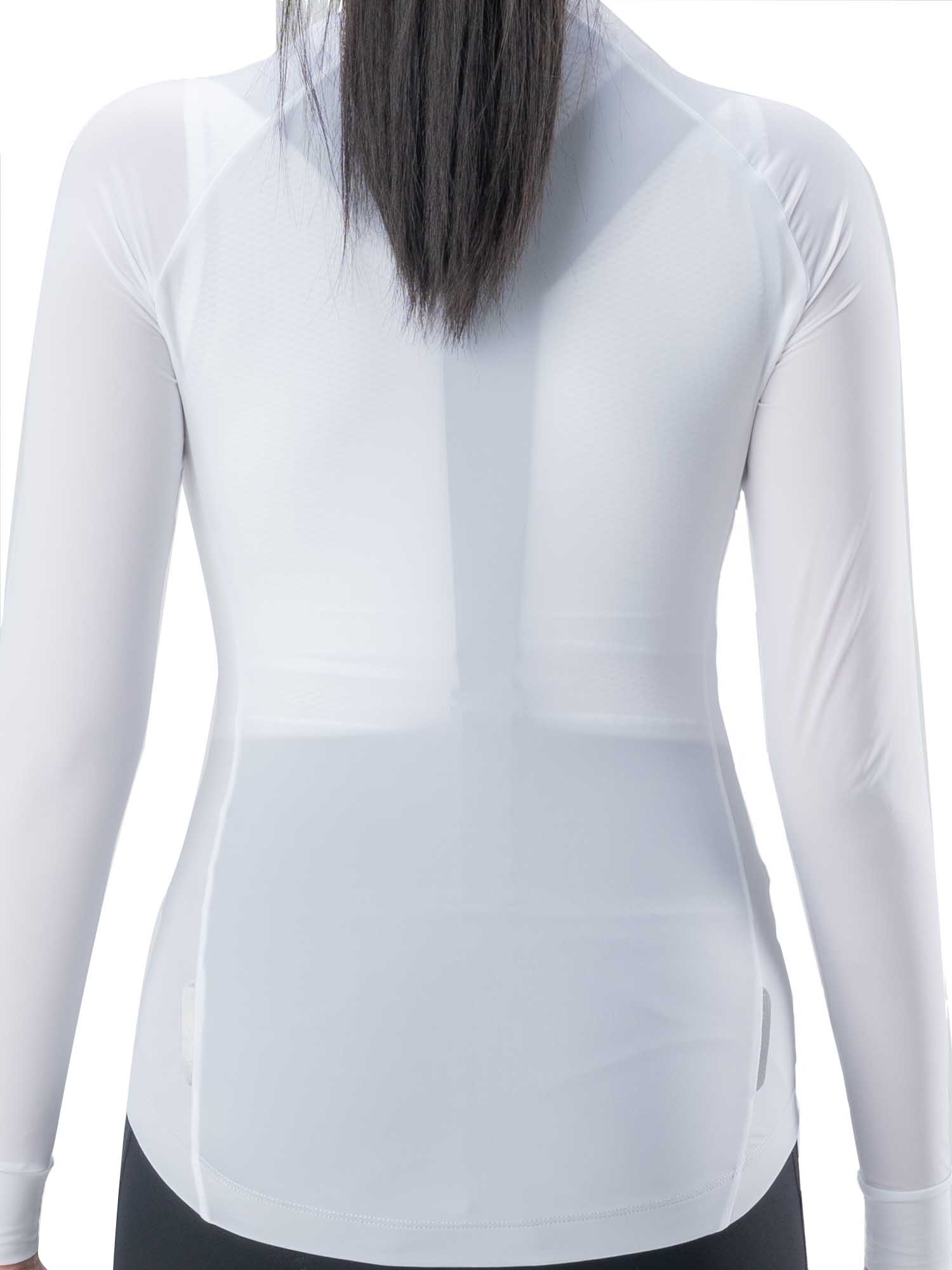 White long-sleeve athletic top worn by a person on a white background