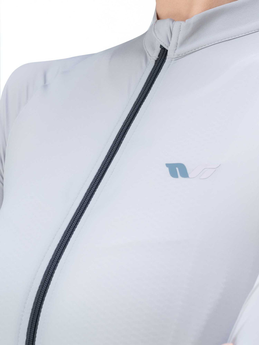 Light gray jacket with a zipper and brand logo on a white background