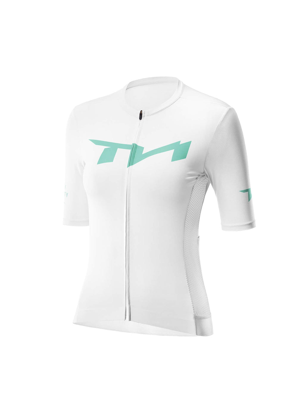 White cycling jersey with green logo on a white background