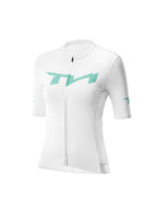 White cycling jersey with green logo on a white background
