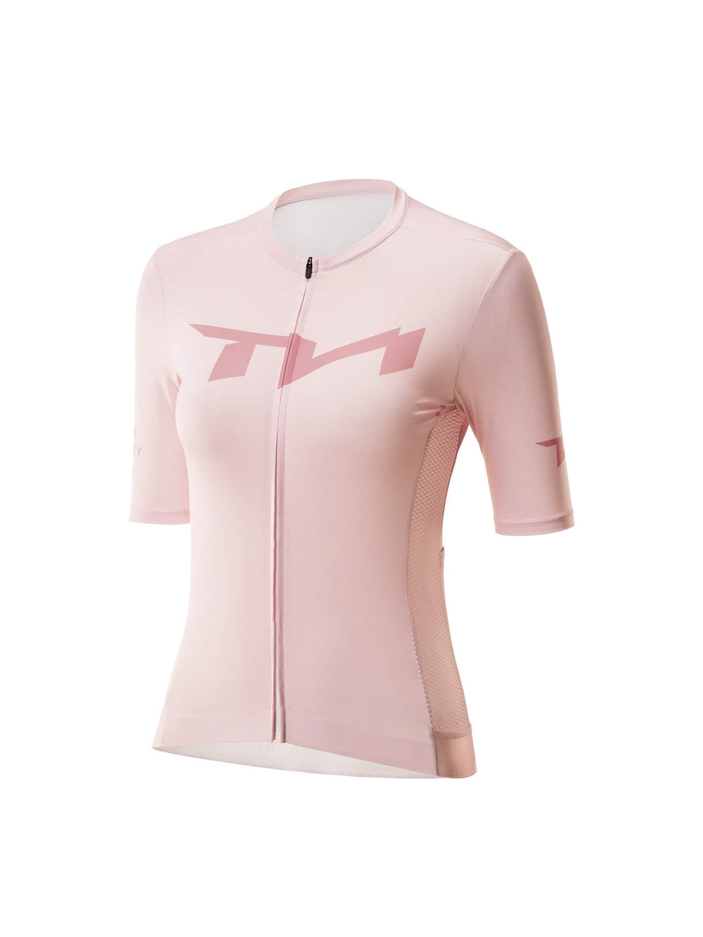 Pink cycling jersey with a brand logo on a white background