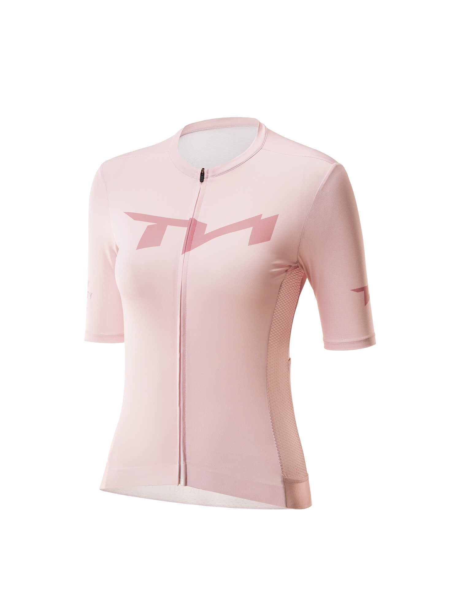 Pink cycling jersey with a brand logo on a white background