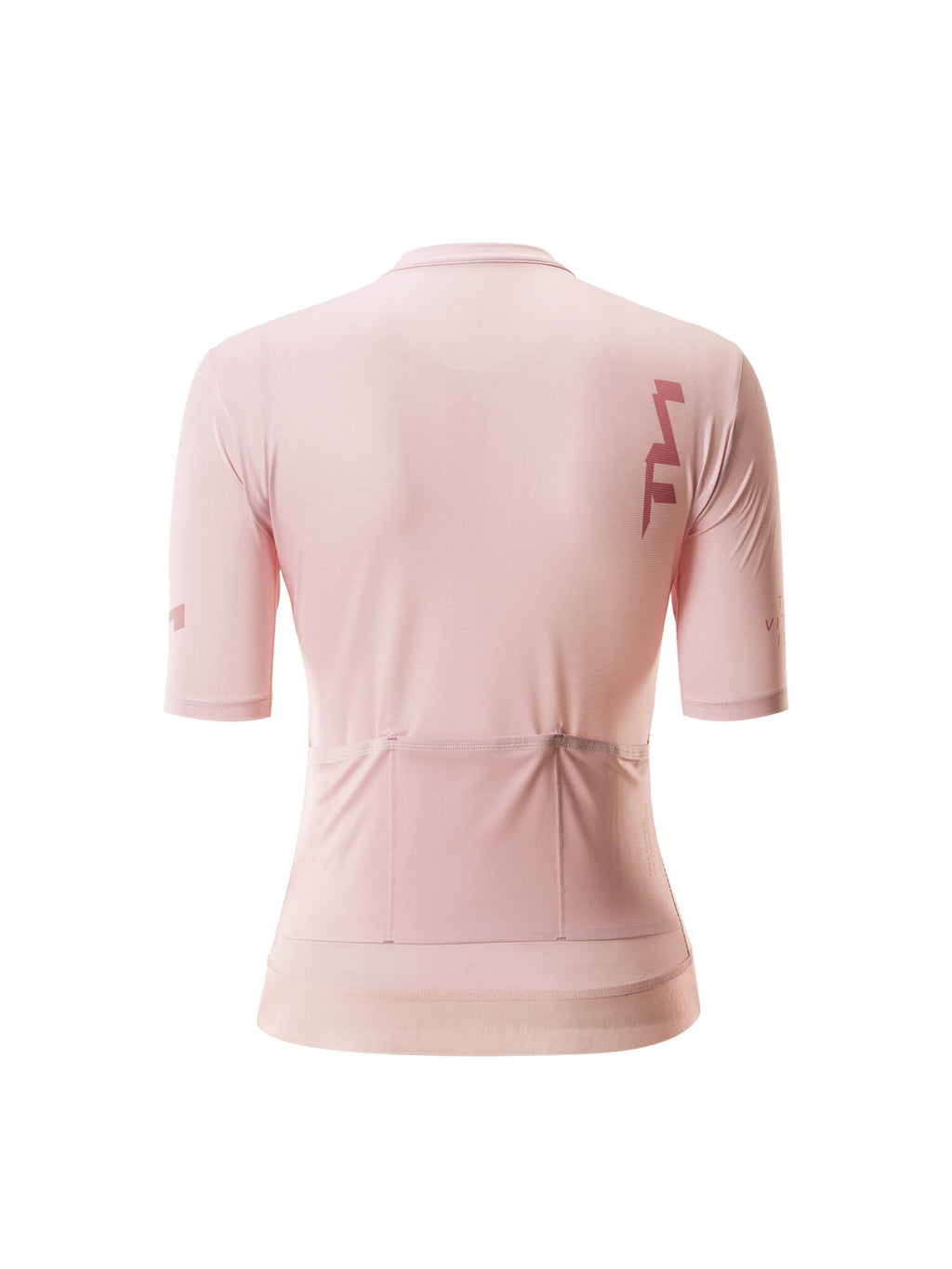 Pink cycling jersey with a logo on the back against a white background
