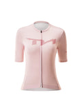 Pink cycling jersey with a brand logo on a white background