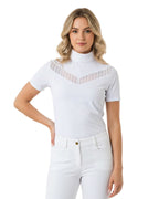 Woman wearing a white short-sleeve top with mesh details on a white background