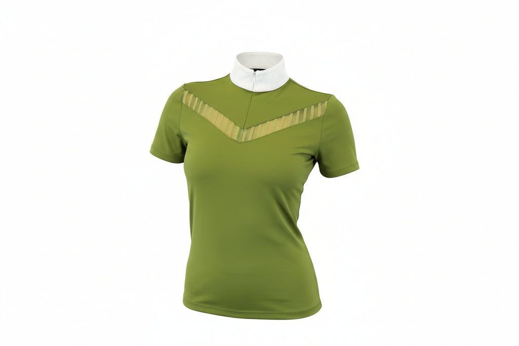  green equestrian shirt with a white collar on a white background