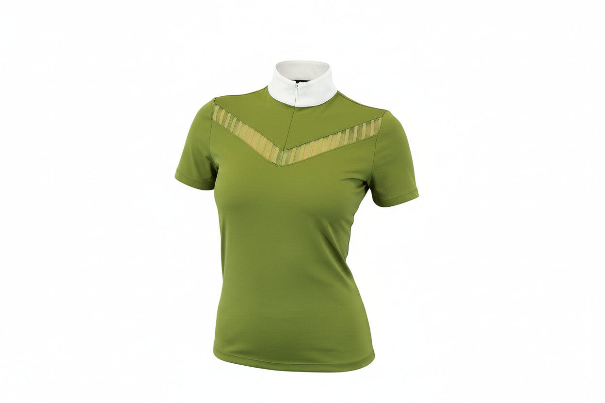  green equestrian shirt with a white collar on a white background