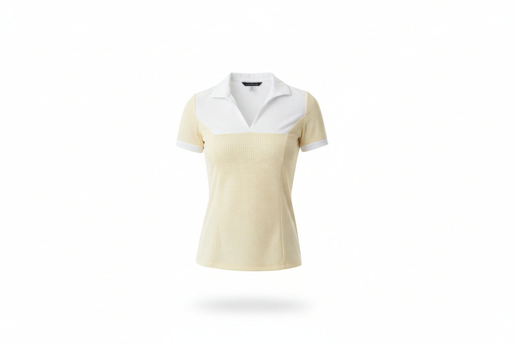 yellow and white polo shirt with beige pants on a white background