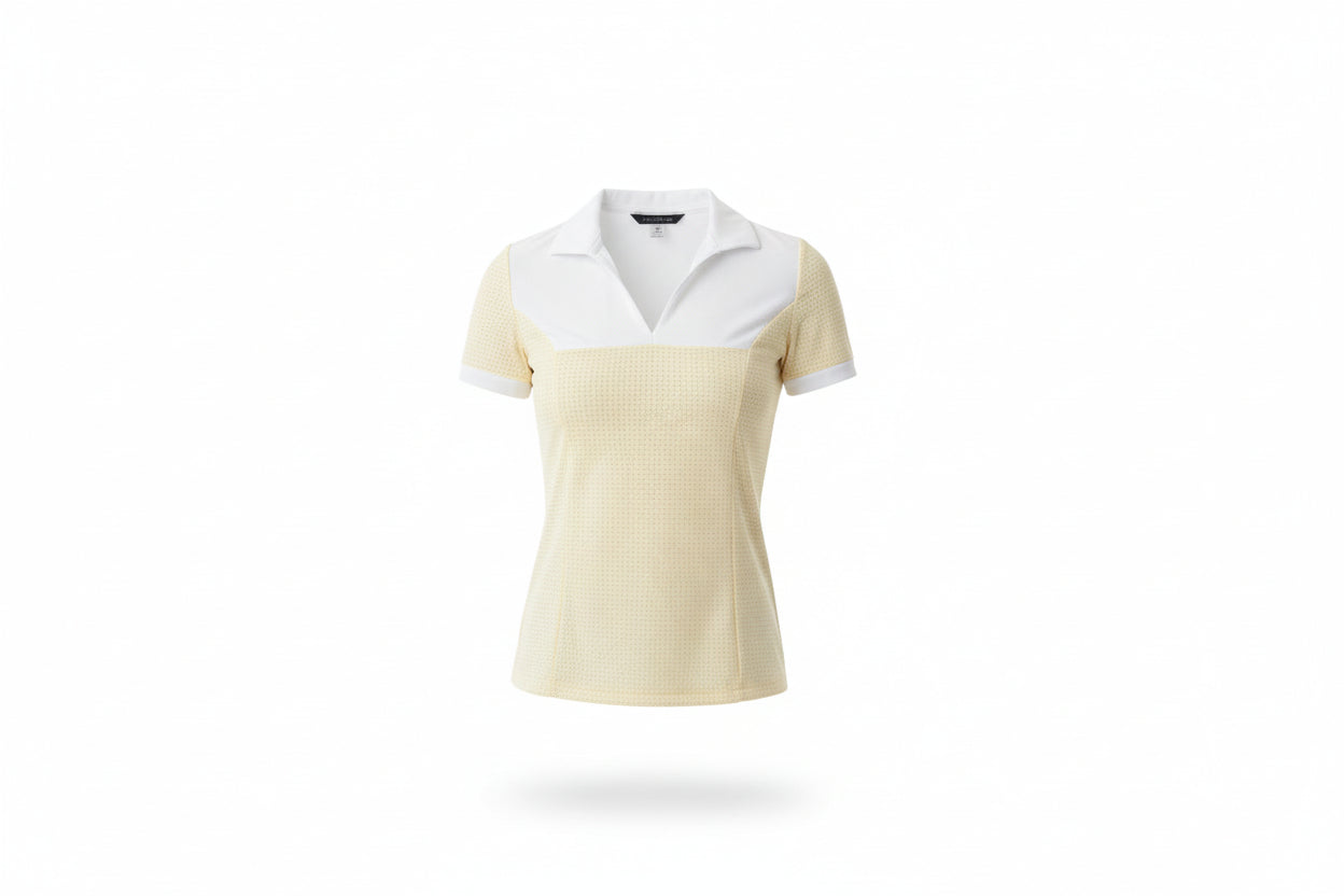 yellow and white polo shirt with beige pants on a white background