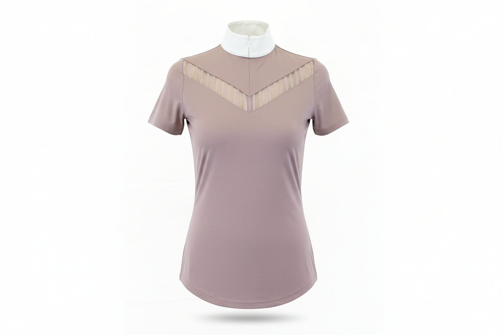 mauve top with a white collar 