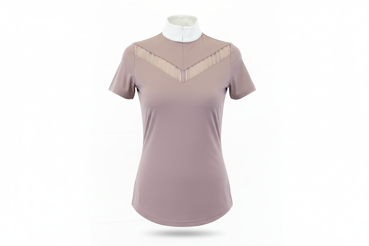 mauve top with a white collar 