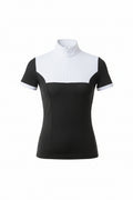  black and white equestrian shirt with white pants on a white background