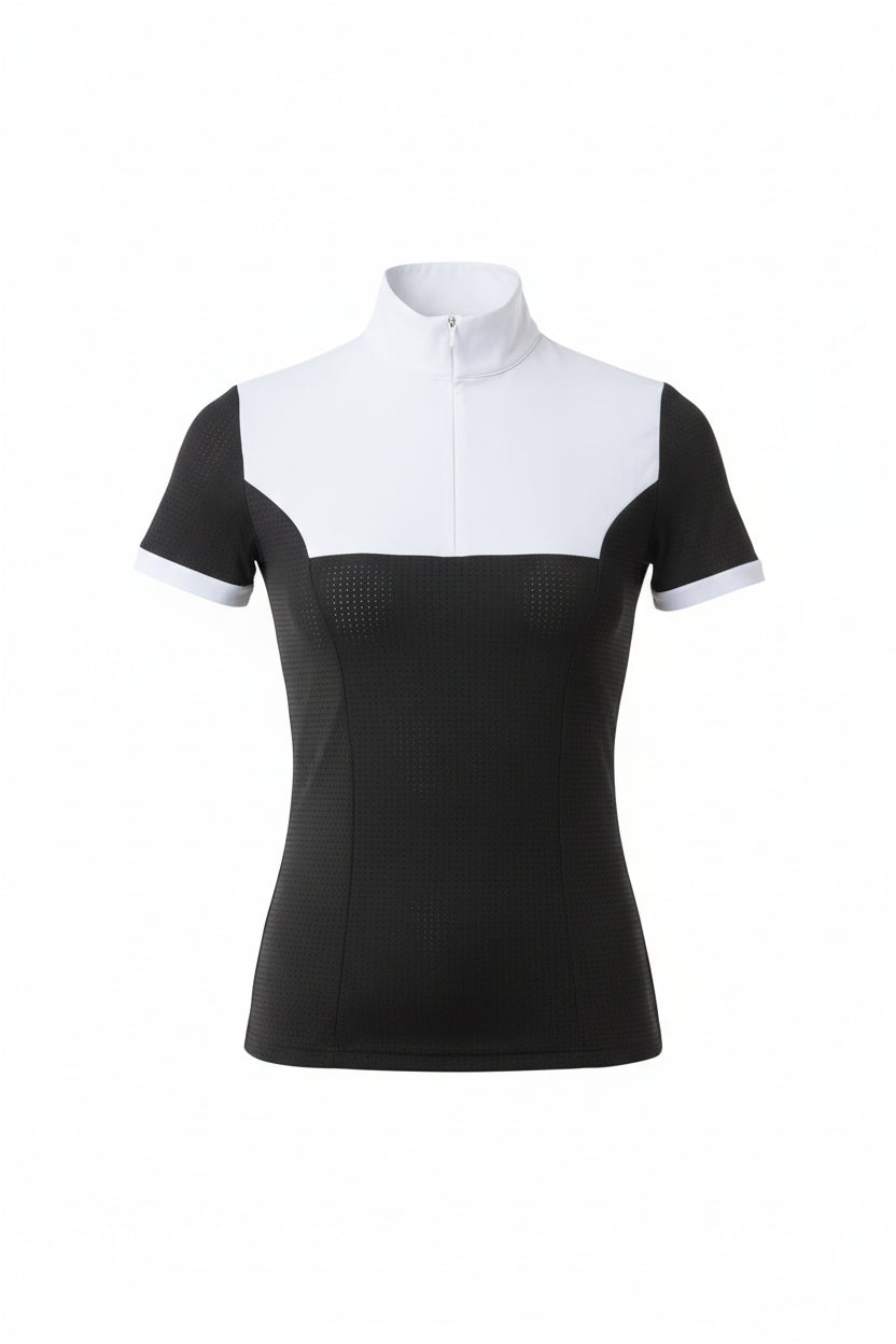  black and white equestrian shirt with white pants on a white background