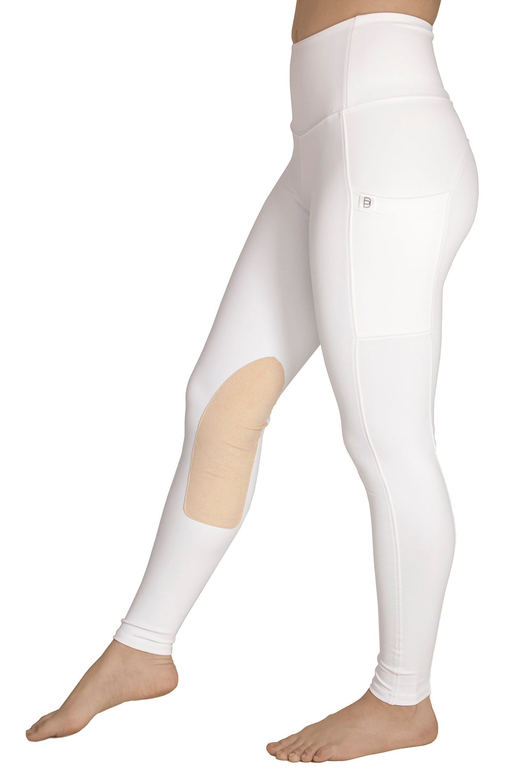 White equestrian riding leggings with beige panels on knees on a white background