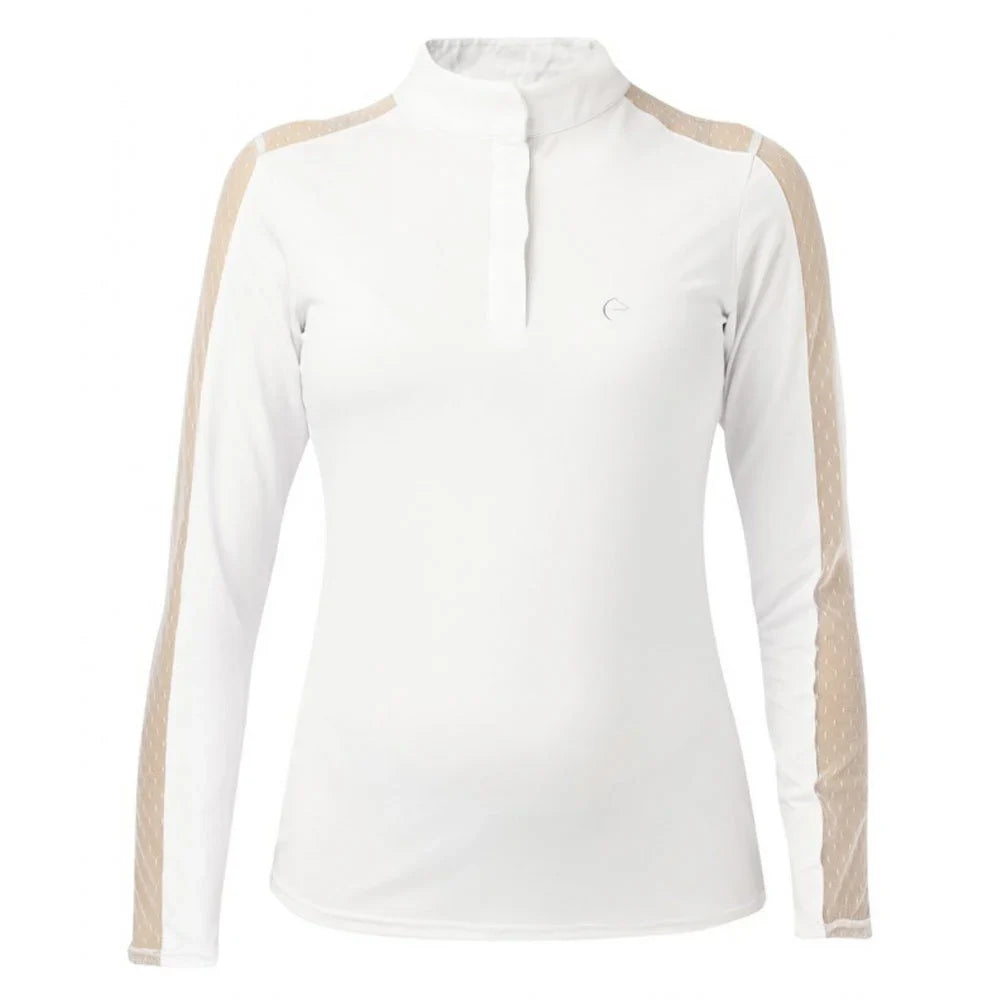 White long-sleeve shirt with beige accents on a white background
