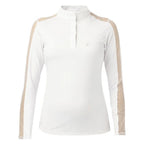 White long-sleeve shirt with beige accents on a white background