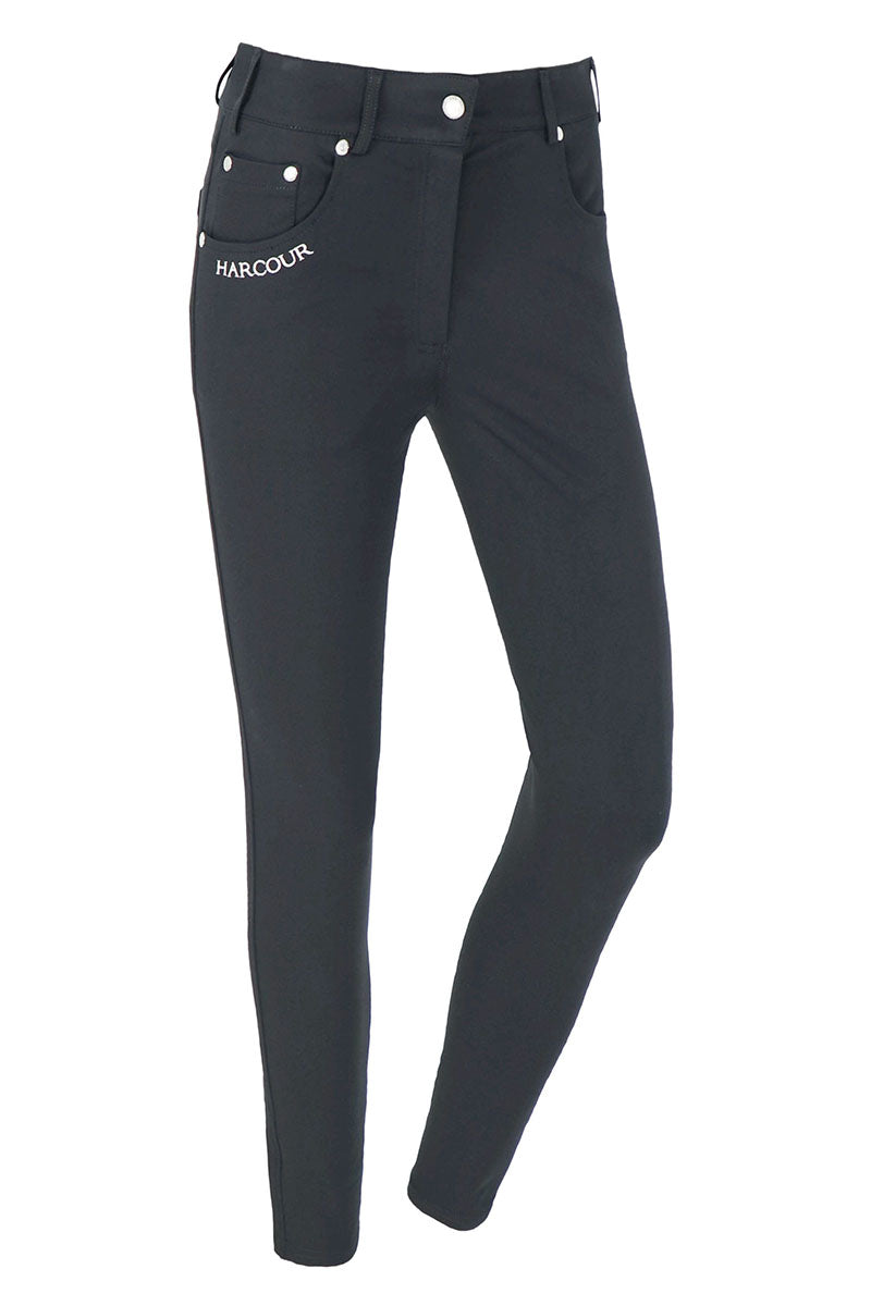 Black riding pants with white logo on a white background