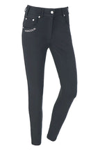 Black riding pants with white logo on a white background